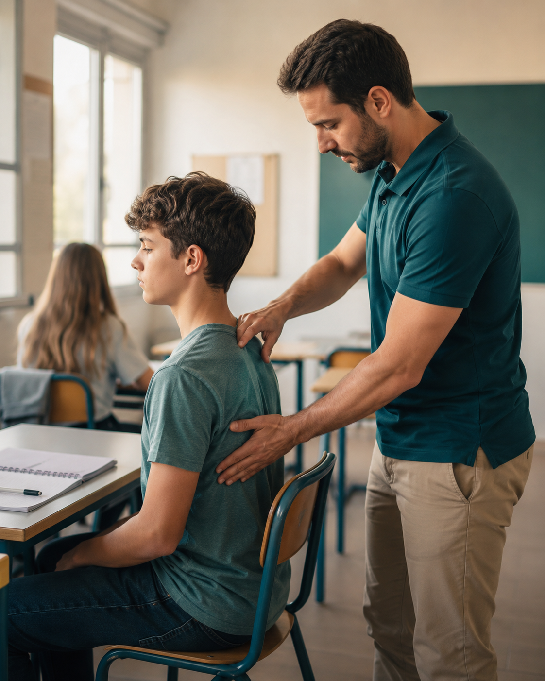 Correzione posturale di uno studente seduto in classe da parte di un fisioterapista.