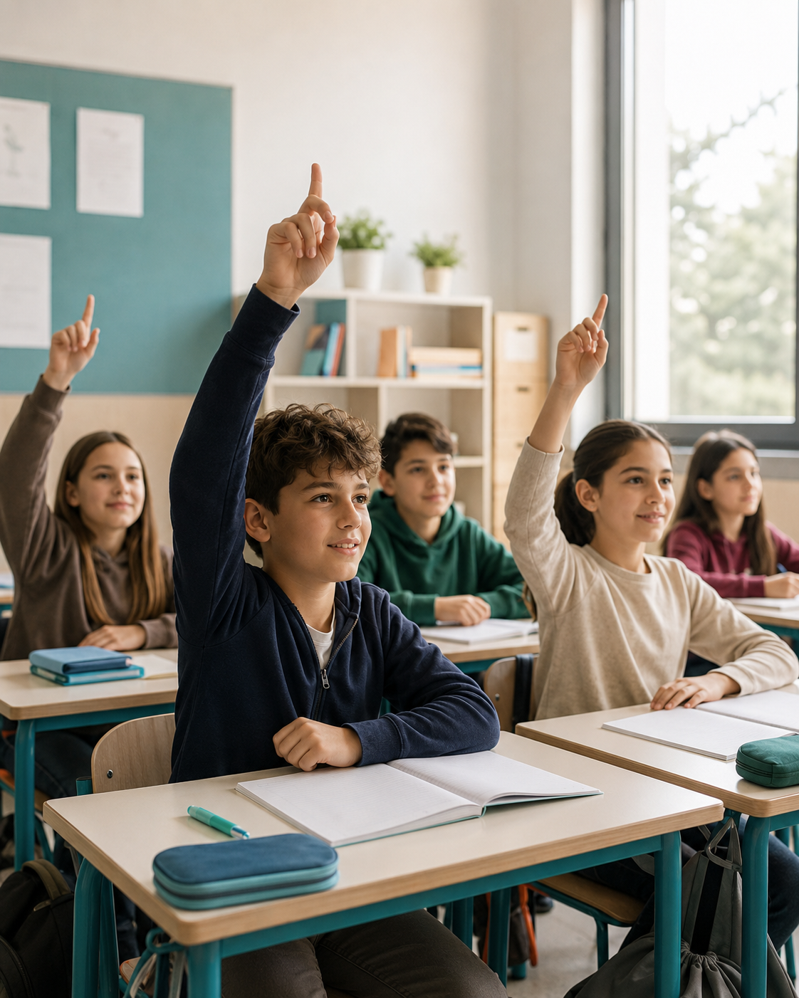 Studenti in aula partecipano con attenzione e alzano la mano in un ambiente scolastico luminoso.